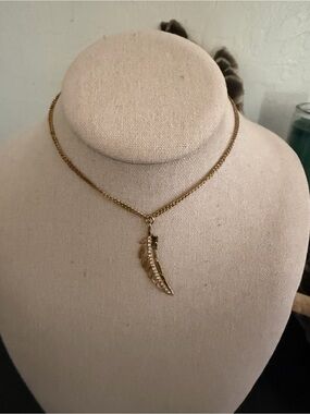 Vintage Gold Feather Crystal Accents Charm Necklace